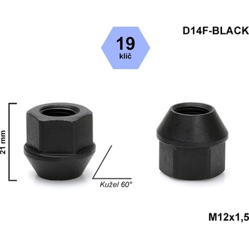 Kolová matice M12x1,5 kuželová otevřená, černá, klíč 19, D14F-BLACK výška 21 mm