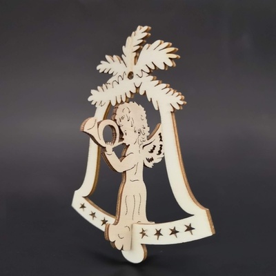 AMADEA Dřevěná ozdoba 3D zvonek anděl s lesním rohem 9 cm