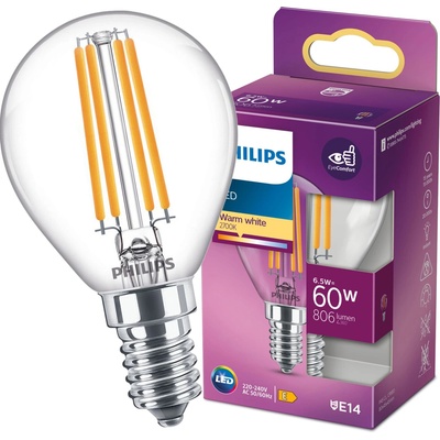 Philips LED žiarovka 1x6,5W E14 806lm 2700K teplá biela, číra, EyeComfort