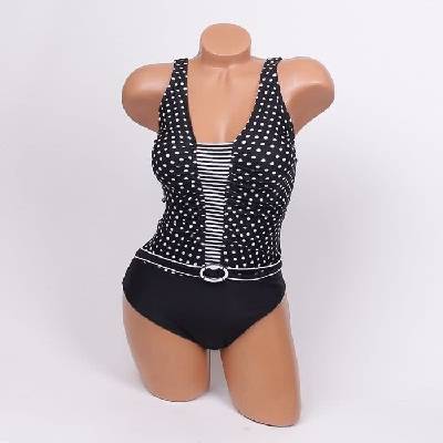 Стилен цял бански в черно с бели точки и райе - чашка b