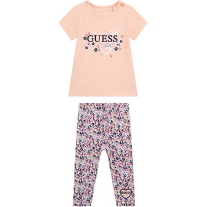 Guess Розова тениска с цветен надпис и клин на цветя за бебе момиче Guess