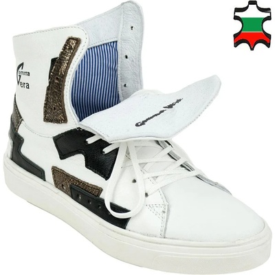 Български обувки Дамски високи кецове от естествена кожа в бял цвят с широк език от бяла напа