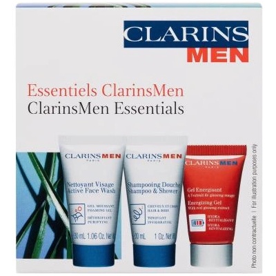 Clarins Men Essentials подаръчен комплект: почистващ гел Active Face Wash 30 ml + шампоан и душ гел Shampoo & Shower 30 ml + гел за лице Energizing Gel 12 ml за мъже