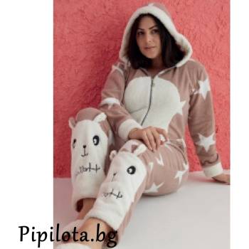 Макси пижама-гащеризон в цвят капучино със звезди