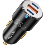 ESSAGER F689 66W зарядно за кола, 2x Type-C, USB-A, алуминий - черен