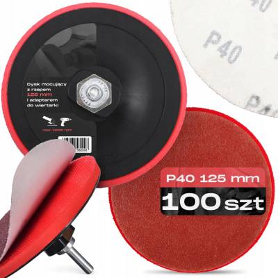 TRCR 100x BRÚSNE KOTÚČE Brúsny Papier 125mm P40 Držiak na LEŠTIACI KOTÚČ Suchý zips M14