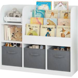 Ginger Home Детски органайзер Ginger Home Бял - етажерка с рафтове за книги и 3 текстилни кутии за играчки (JWTR-3458)