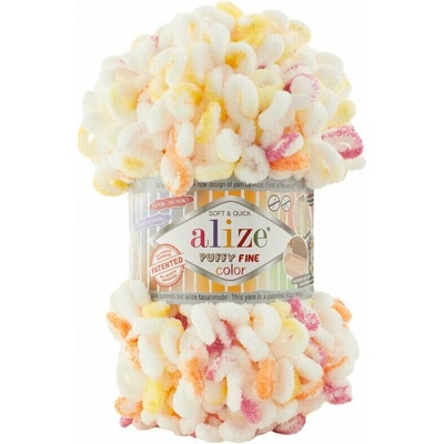 Alize Příze Puffy FINE color 6244 bílá-meruňka-žlutá-červená
