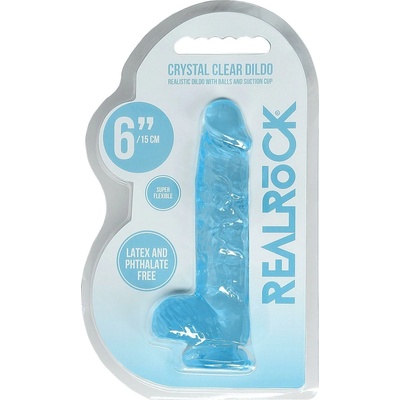 RealRock Crystal Clear 6″ modré dildo s prísavkou a semenníkmi 17 x 3,1 cm