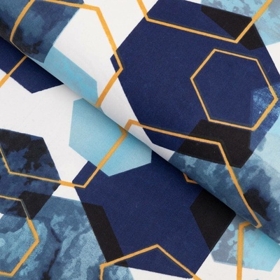 Bavlněná látka/plátno Sandra SA-574 Modré hexagony na bílém - šířka 160 cm