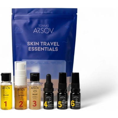Tomas Arsov Skin travel Essentials Rewind odličovací 30 ml + Defence čisticí 30 ml + Relief tonikum 30 ml + Plump me sérum 10 ml + Re-Barrier krém 10 ml + All around krém SPF50 10 ml
