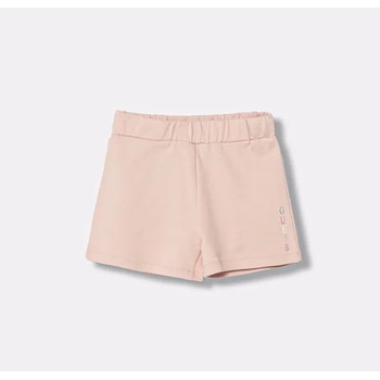 Guess Къси памучни панталони за мини момиче в бледо розово с цветен надпис Guess
