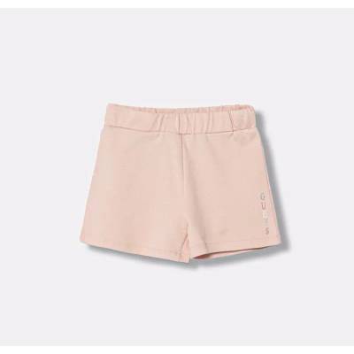 Guess Къси памучни панталони за мини момиче в бледо розово с цветен надпис Guess