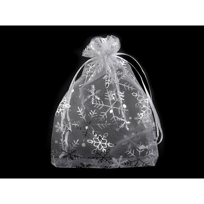 Vánoční dárkový pytlík vločky 13x18 cm organza - bílá stříbrná (10 ks)