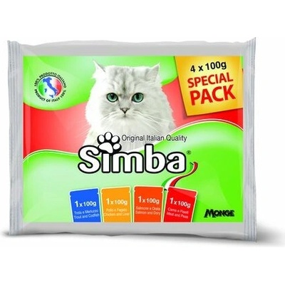 SImba Cat pstruh a treska / kuracie mäso a pečeň / losos a pražma / mäso a hrášok 4 x 100 g