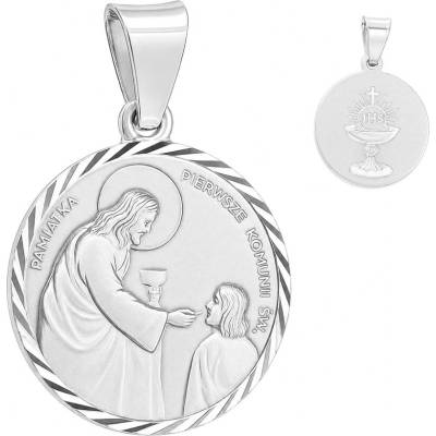 Argento Strieborný prívesok prvé sväté prijímanie Kristus podáva prijímanie chlapcovi na rube kalich s hostiou 86060