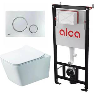 Rune Комплект казанче за WC с вграждаща рамка Alca AM101/1120 и бутон Thin M771, хром, плюс бяла тоалетна чиния Rune Jord с капак softclose (AM101/1120+M771+5940541330394)
