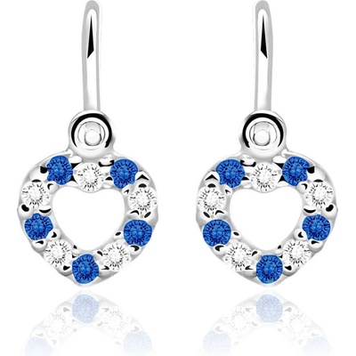 Duppi detské náušnice srdiečka DU 70508 z bieleho zlata s kamienkami tmavo modrými a bielymi zapínanie brizúra