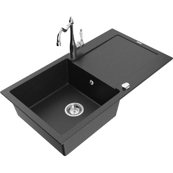 Mexen Leo мивка от гранит с 1 камера, с отцедник и кухненски смесител Carla, черен/сребрист металик - 6501-73-670700-00 (6501-73-670700-00)