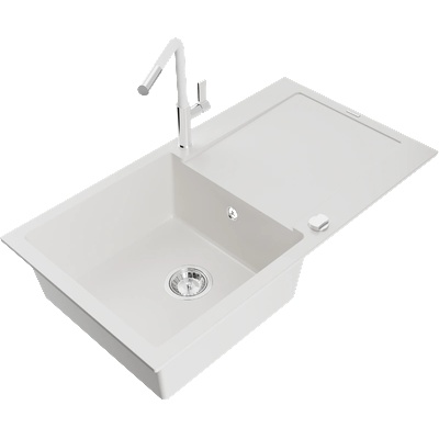 Mexen Leo гранитна кухненска мивка 1-коморна с отцедник и кухненски смесител Flora, бял - 6501-20-670401-02 (6501-20-670401-02)