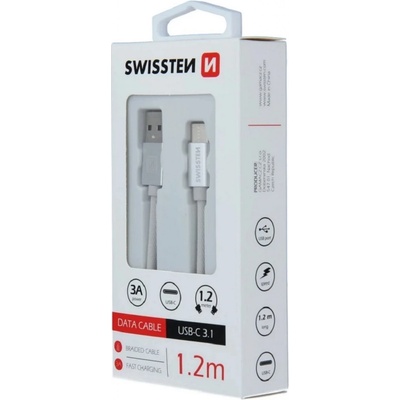 Swissten 71521203 USB 2.0 typ A na C, USB 2.0, zástrčka A - zástrčka C, opletený, 1,2m, stříbrný