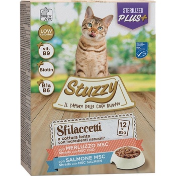 Stuzzy Cat Shreds Sterilized trhané mäso z tresky a lososa 12 x 85 g