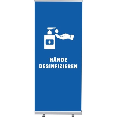 Jansen Display Set Roll-baneru Budget s vytištěným motivem dezinfikovat ruce, modrá, německy, 870 x 2080 mm