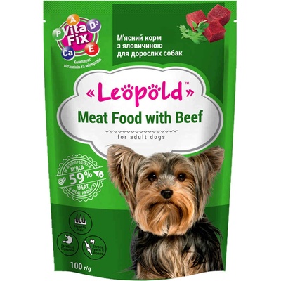 Leopold Dog - Пълноценна консервирана месна храна с говеждо месо за кучета в зряла възраст, 24 х 100гр