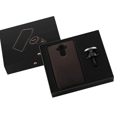 Huawei Car Holder Gift Box - подаръчен оригинален комплект от кожен кейс и магнитна поставка за Huawei Mate 9 (кафяв)