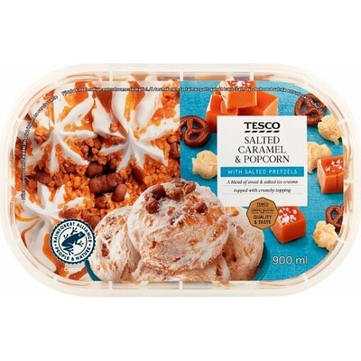 Tesco Mrazený krém so slaným karamelom a mrazený krém s príchuťou pukancov 900 ml