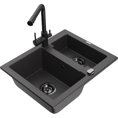 Mexen Carlos гранитна мивка с 1, 5 камери и кухненски смесител Duero, черен на пръски - 6518-76-671600-70-B (6518-76-671600-70-B)