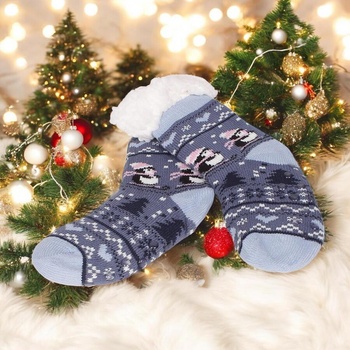 Детски коледни домашни чорапи в синьо с пингвинчета