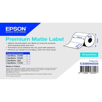 Epson C33S045533 Preмiuм Matte, за ColorWorks, 102x152мм, 225 бр, бели самозалепващи етикети (C33S045533)