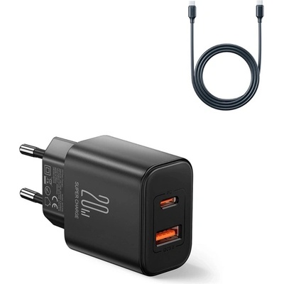 JOYROOM Променливотоково зарядно устройство USB+Type-C гнездо 20W, PD бързо зарядно устройство + Type-C кабел, ЧЕРНО JR-TCF05_B_TYPE-C (JR-TCF05_B_TYPE-C)