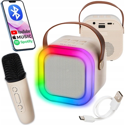 Přenosný Bluetooth béžový 3 W s funkcí karaoke a 2 mikrofony