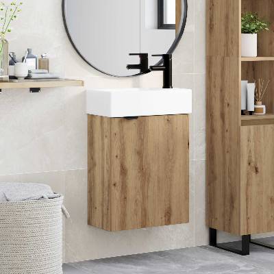 vidaXL Мивка за баня със смесител Дъб артизан 45, 5 x 22, 5 x 84 см (889440)