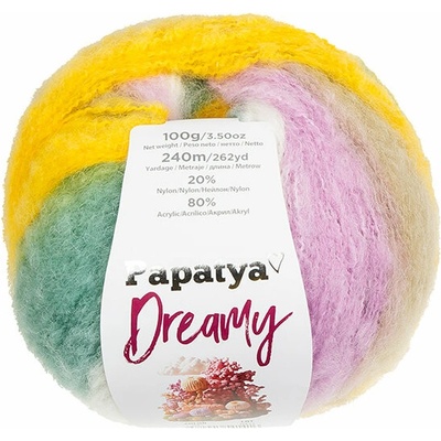 BELLATEX Priadza Papatya Dreamy 100 g, 04 biela, žltá, fialová, zelená