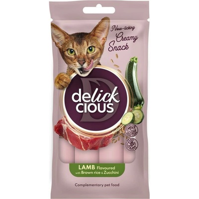 DELICKCIOUS krémové maškrty jahňacie s hnedou ryžou a cuketou. Pre mačky 4 x 15 g