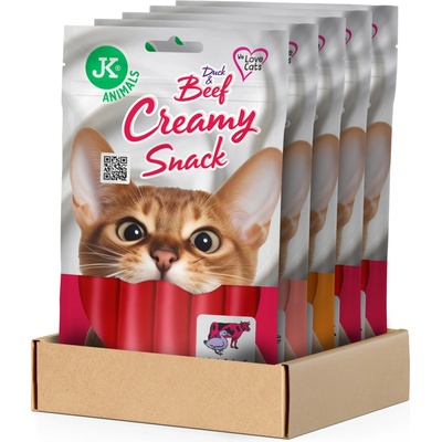 JK ANIMALS krém pro kočky Mix 5 balení, 2× krabí, kuřecí, lososový a kachní s hovězím 25 x 15 g