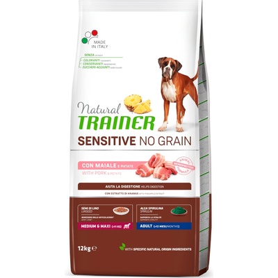 Natural Trainer Natural Sensitive 12kg Суха храна за кучета Natural Trainer Sensitive No Grain Adult Med/Maxi със свинско месо и картофи