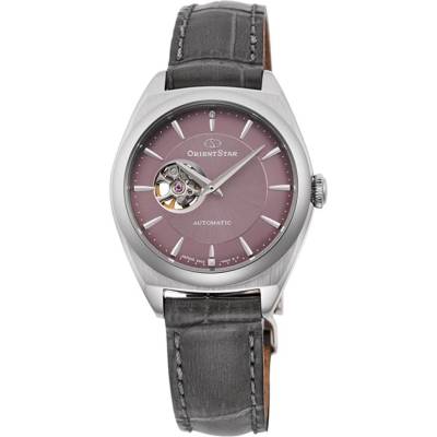 Orient Дамски часовник Orient Star RE-ND0103N - Автоматичен, Лилав Циферблат, Полу-Скелетон, 30мм, 50м Водоуст. , Сива Кожена Каишка