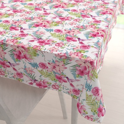 Biante bavlna obrus Sandra SA-493 Kolibríky s ružovými kvetmi na bielom 50x100 cm