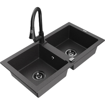 Mexen Mario гранитна мивка с 2 отделения с кухненски смесител Elia, черен петнист - 6504-76-670101-70-B (6504-76-670101-70-B)