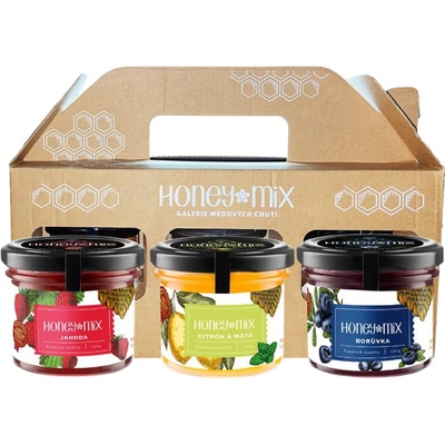 HoneyMix Dárková sada medů, Jahoda, Citrón a máta, Borůvka, 3x140 g