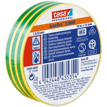 TESA Електроизолационна лента 20 м х 19 мм х 0.15 мм, жълто/зелена (53988-00081-00)
