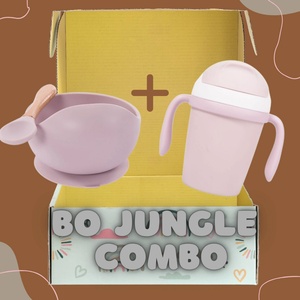  Bo Jungle Комбо: Силиконова купичка с вакуум и лъжичка "Розово" + Eco-friendly чаша с дръжки и сламка "Розово (BJ-B500620+BJ-B552010)