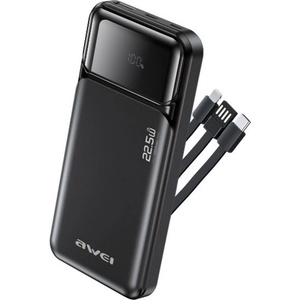 Awei PA-91 USB + 2 гнезда Type-C 10000mAh, бързо зарядно устройство + фиксиран кабел USB/Type-C/мълния, ЧЕРЕН (PA-91)