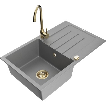 Mexen Bruno гранитна кухненска мивка с едно корито и отцедник и кухненски смесител Telma, сив - 6513-71-670200-50 (6513-71-670200-50)