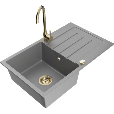 Mexen Bruno гранитна кухненска мивка с едно корито и отцедник и кухненски смесител Telma, сив - 6513-71-670200-50 (6513-71-670200-50)