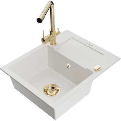 Mexen Enzo гранитна кухненска мивка с едно корито и отцедник и кухненски смесител Duero, бял - 6506-20-671600-50 (6506-20-671600-50)